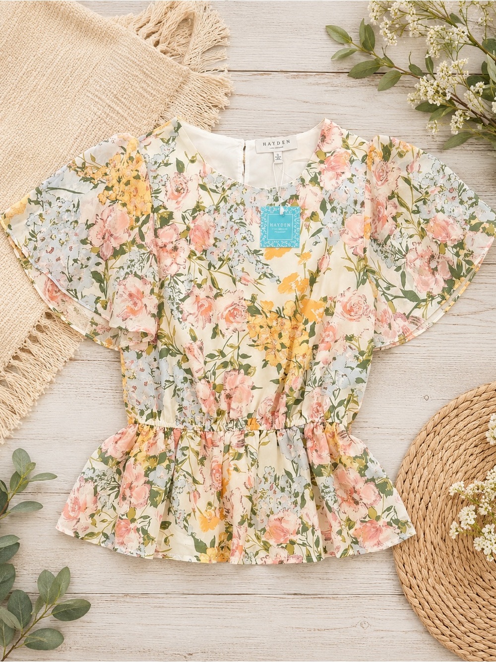 Hayden Floral Peplum Blouse Small NWT Flutter Sleeve Cottagecore Romantic Top - Picture 3 of 9